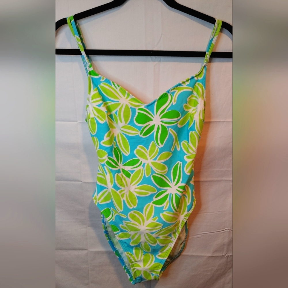 Vintage La Blanca By Rod Blanca Floral Blue & Green Floral One-Piece Size 10